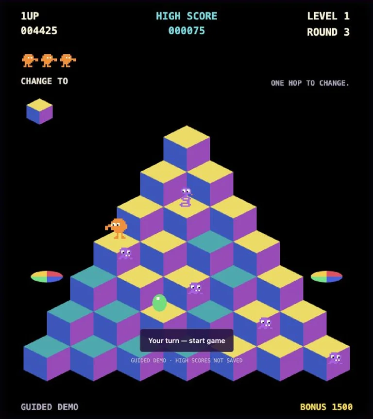 Q*bert tribute: an isometric pyramid of colorful cubes, an orange hopping hero, enemies and escape discs.
